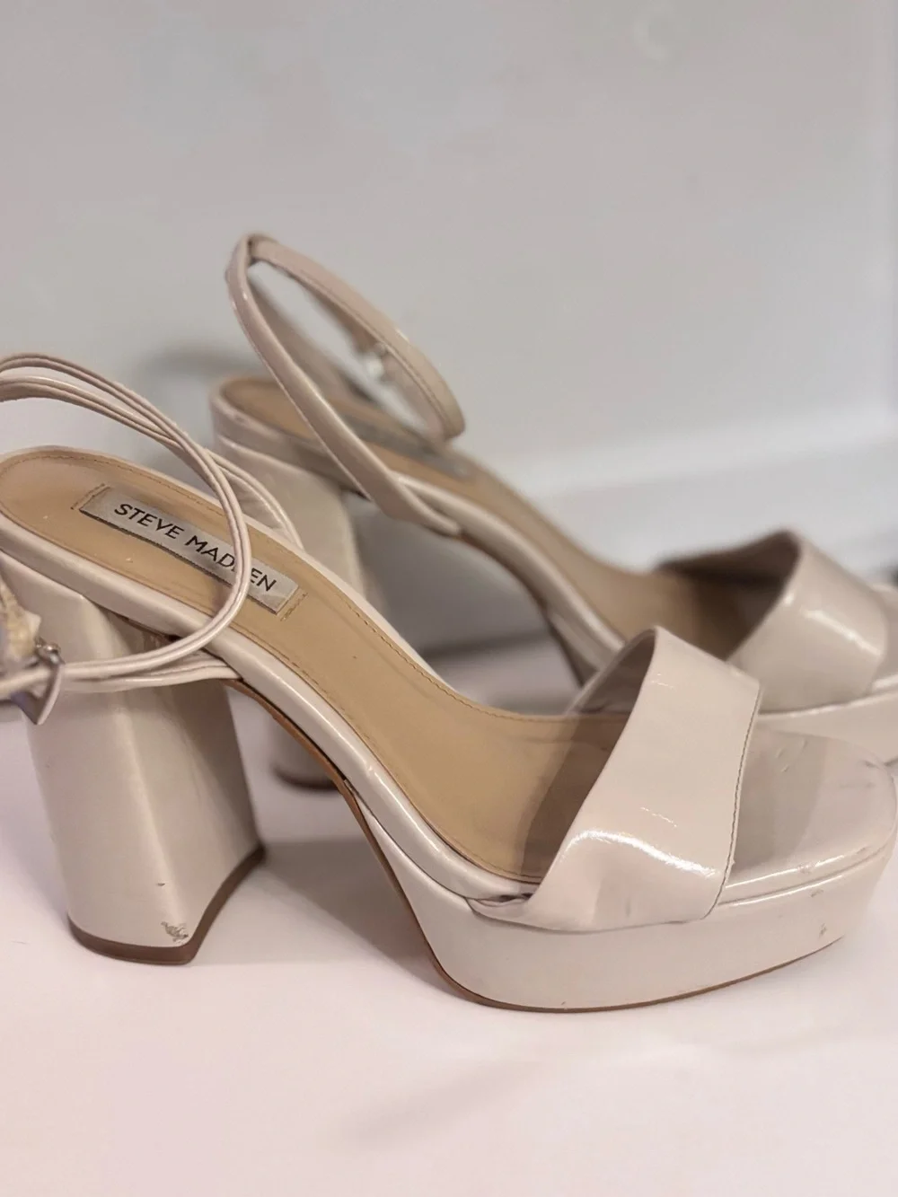 Steve Madden Cream Patent Platform Block Heels